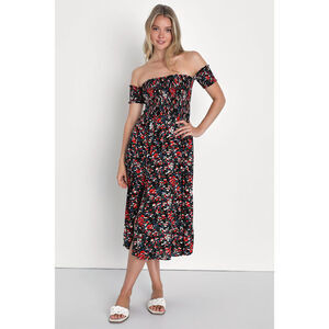 Lulus View From The Meadow Black Floral Print Off-the-shoulder Dress - Size L